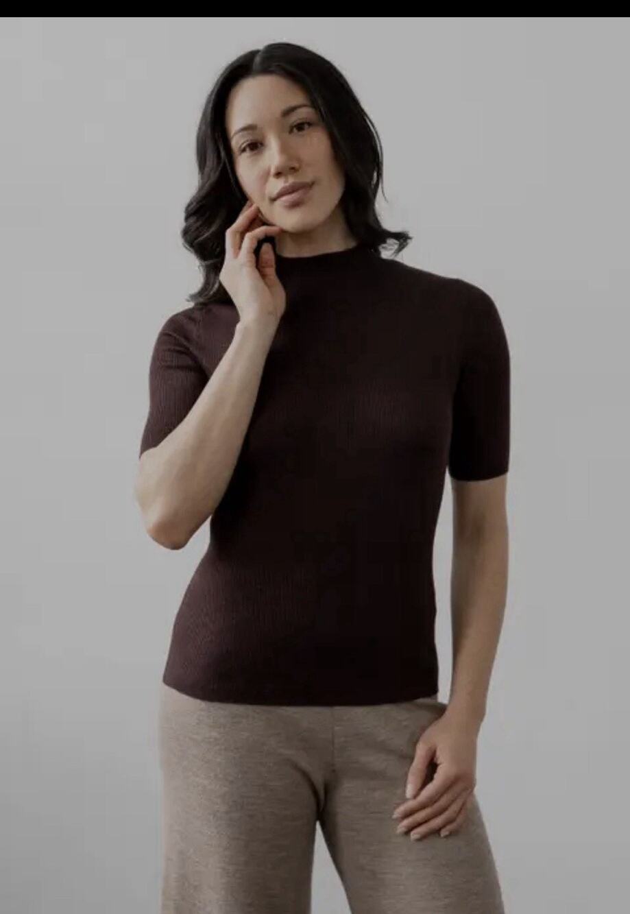 Sskein Mock Neck Ribbed Pullover Brown Alpaca Silk Small